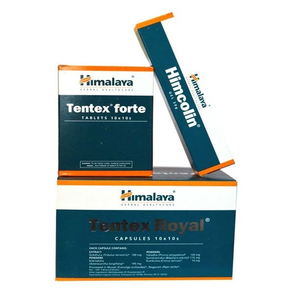 Himalaya Set Of Tentex Forte 100 Tablets, Tentex Royal 100 Capsules and Himcolin Gel 4 Pcs of 30gm