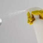 man using spray bottle in bedroom