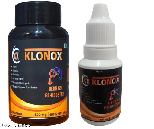 Klonox Herb Rebooster , Testosterone Booster for Men with Ashwagandha, Safed Musli, Gokshura for Energy, Stamina, & Muscle Strength 60 Capsules 15Ml Oil Combo