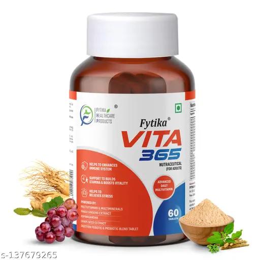Fytika Vita 365 | Multivitamin for Men & Women With Probiotics Vitamin B12, C, D3, E, Zinc, Biotin, Mineral, Ginseng & Ashwagandha | Enhances Energy, Stamina, Immunity, Hair and Skin | 60 Tablets