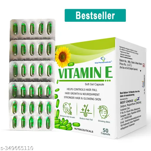 Vitamin E (Pack of 50 Capsules) Face Hair Pimple Glowing Skin & hair care (KELP)