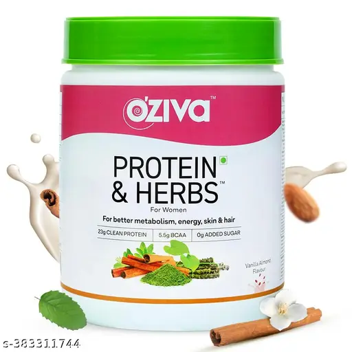 OZiva Protein & Herbs, Women, (Natural Protein Powder with Ayurvedic Herbs like Shatavari, Giloy, Curcumin & Multivitamins for Boosting Energy, Skin & Hair (Vanilla Almond, 500g)