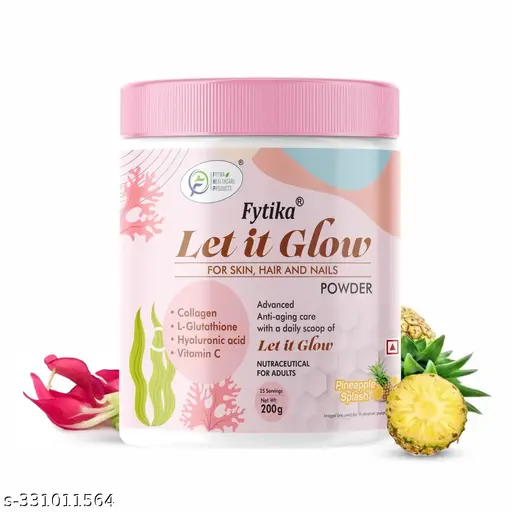 Fytika Let It Glow Collagen Hyaluronic , L-Glutathione, Vitamin C & Sesbania Agati Extract | Promotes skin, hair, nails | Pineapple flavor | 25 servings | For men & women – 200g