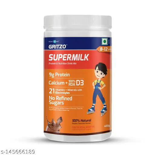 Gritzo Supermilk Daily Nutrition(8-12Y Young Athlete),9G Protein With Zero Refined Sugar Powder, Double Chocolate, 400G