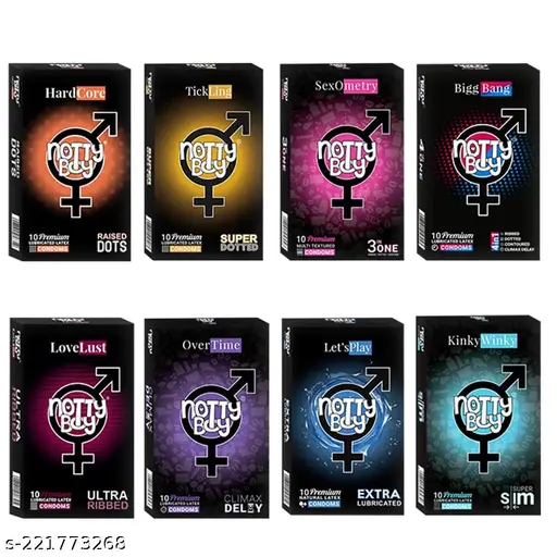 NottyBoy Variety Pack Condoms - Raised Dots, Ultra Ribbed, Lubricated, Thin, 1500 Dots and Extra Time Condoms - 80 Units