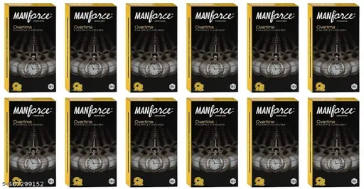 Manforce Overtime Pineapple Flavoured Condoms for Men| 3-in-1 Ribbed Contoured & Dotted for Extra Stimulation| Long-Lasting Pleasure | Lubricated Latex Condoms 10 Pcs x Pack of 12