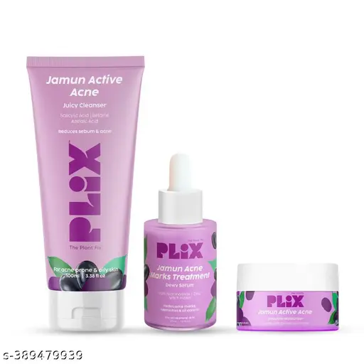 PLIX - THE PLANT FIX Jamun 0.5% ww Salicylic Acid Cleanser and Active Acne Serum Combo With Smoothie Moisturizer (100ml + 30ml + 50g)